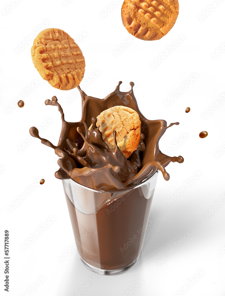 Two cookies biscuits falling into chocolate milkshake glass, for