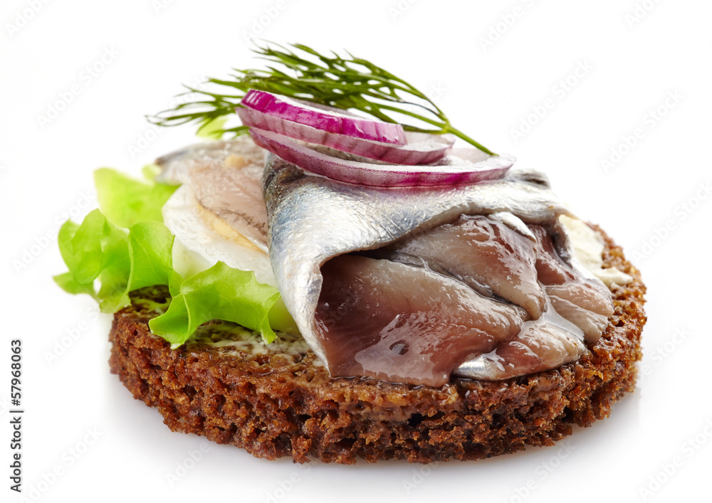 用红洋葱和d装饰凤尾鱼的棕色面包小吃