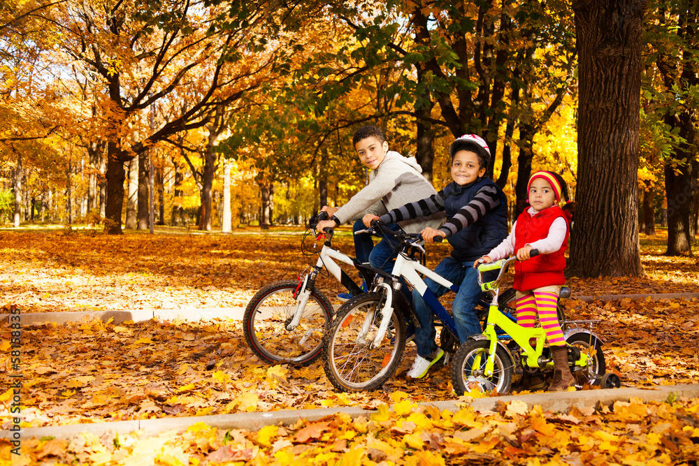 一群孩子在秋季公园骑行