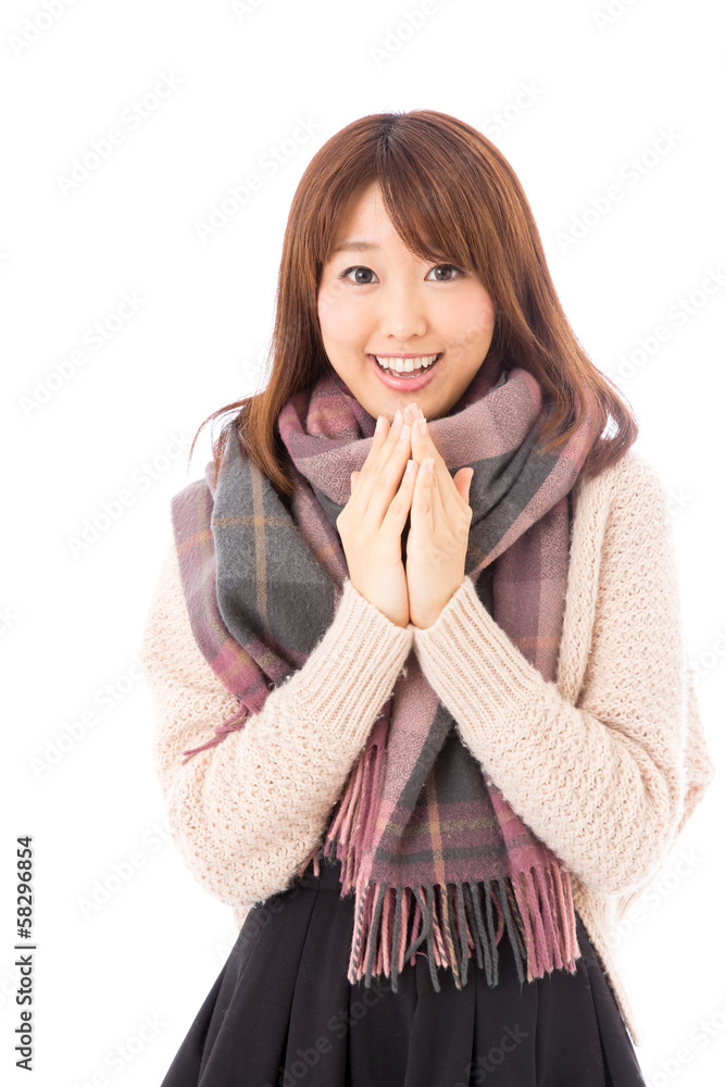fashionable young asian woman on white background