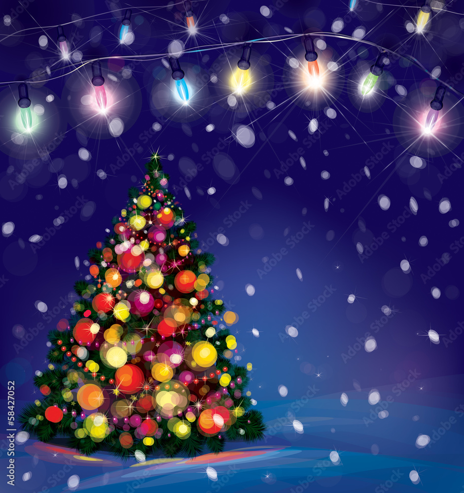 矢量圣诞树和雪背上的灯光装饰
