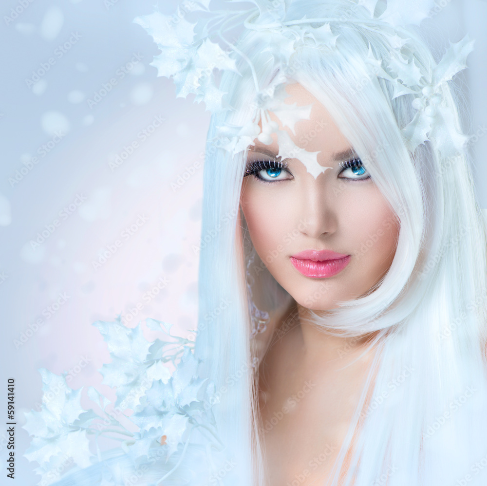 冬季美女。美丽的雪发型时尚模特女孩