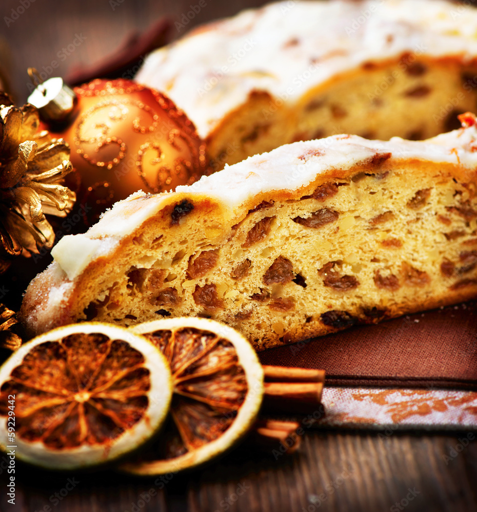 Christmas Stollen. Traditional Sweet Fruit Loaf