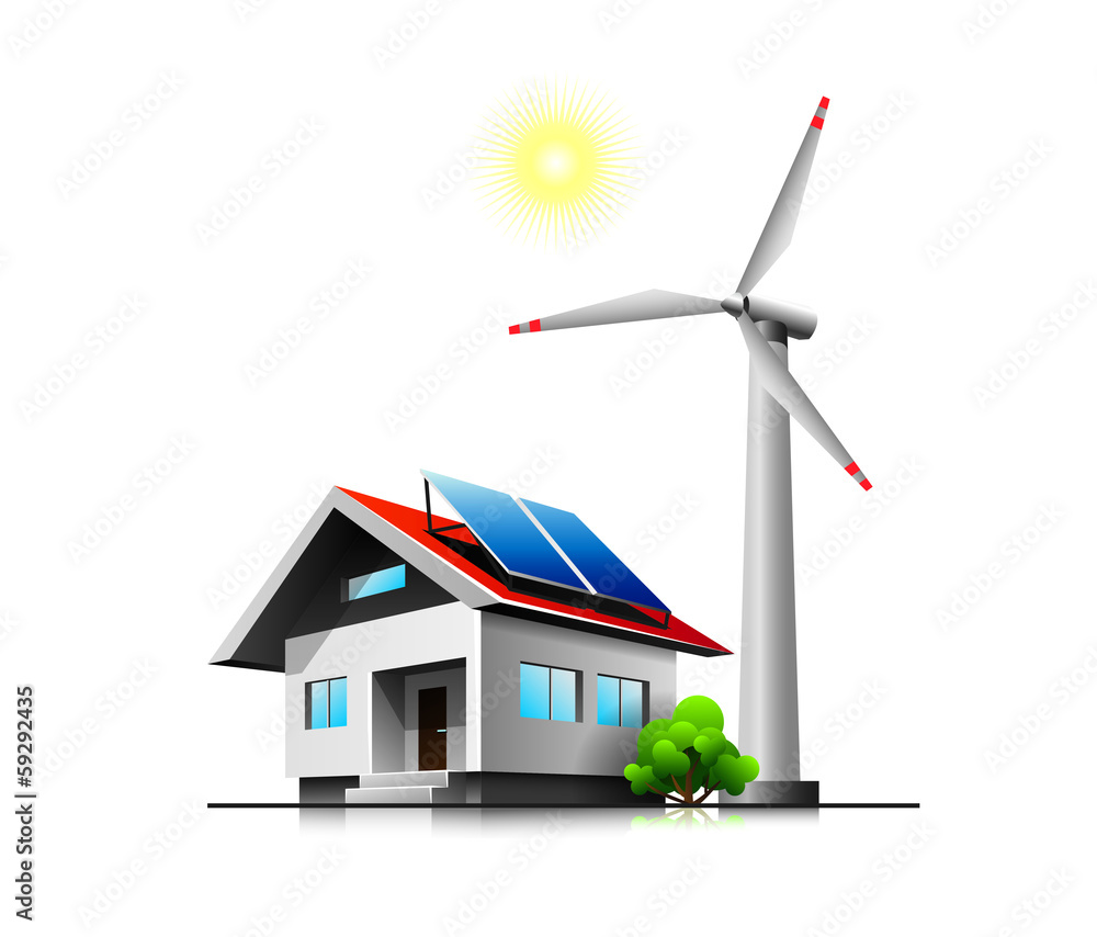 带太阳能电池板和风力涡轮机的可持续家庭住宅