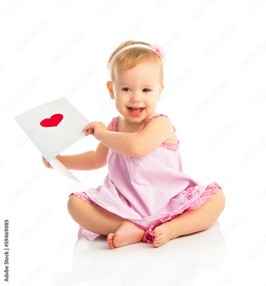 美丽的女婴，带着红色耳朵的可爱的情人节明信片