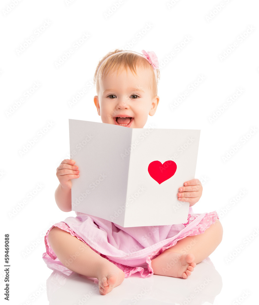 美丽的女婴，带着红色耳朵的可爱的情人节明信片