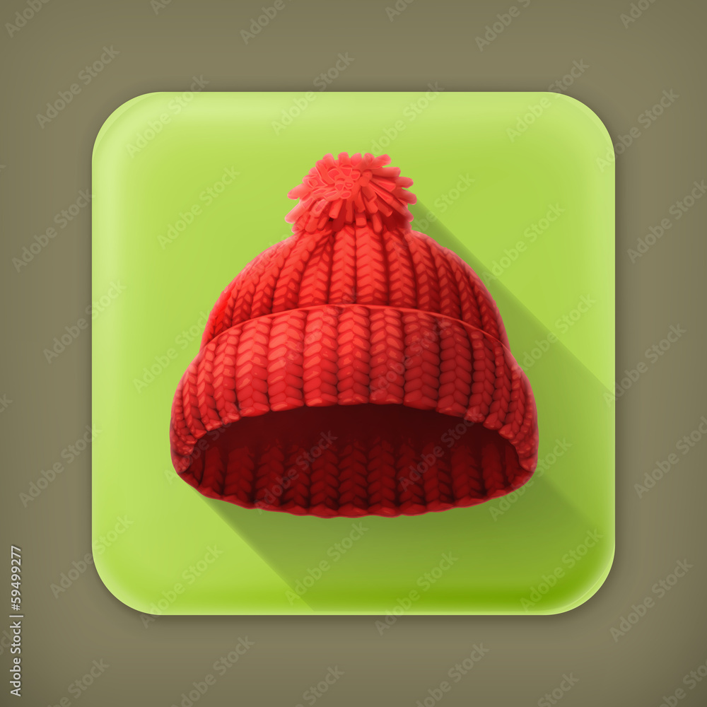 针织红色帽子，长阴影图标
