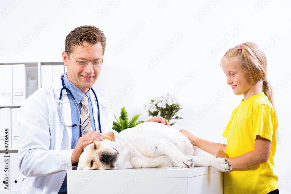 女孩在兽医诊所抱着一只狗