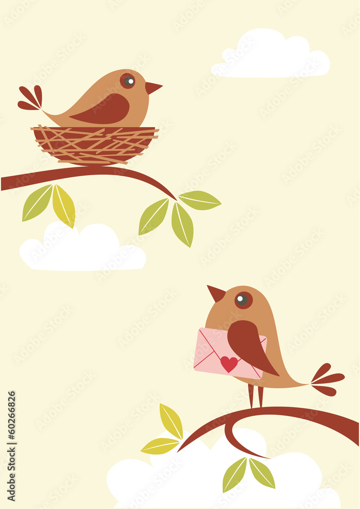 树枝上的可爱小鸟拿着装有情书的信封。