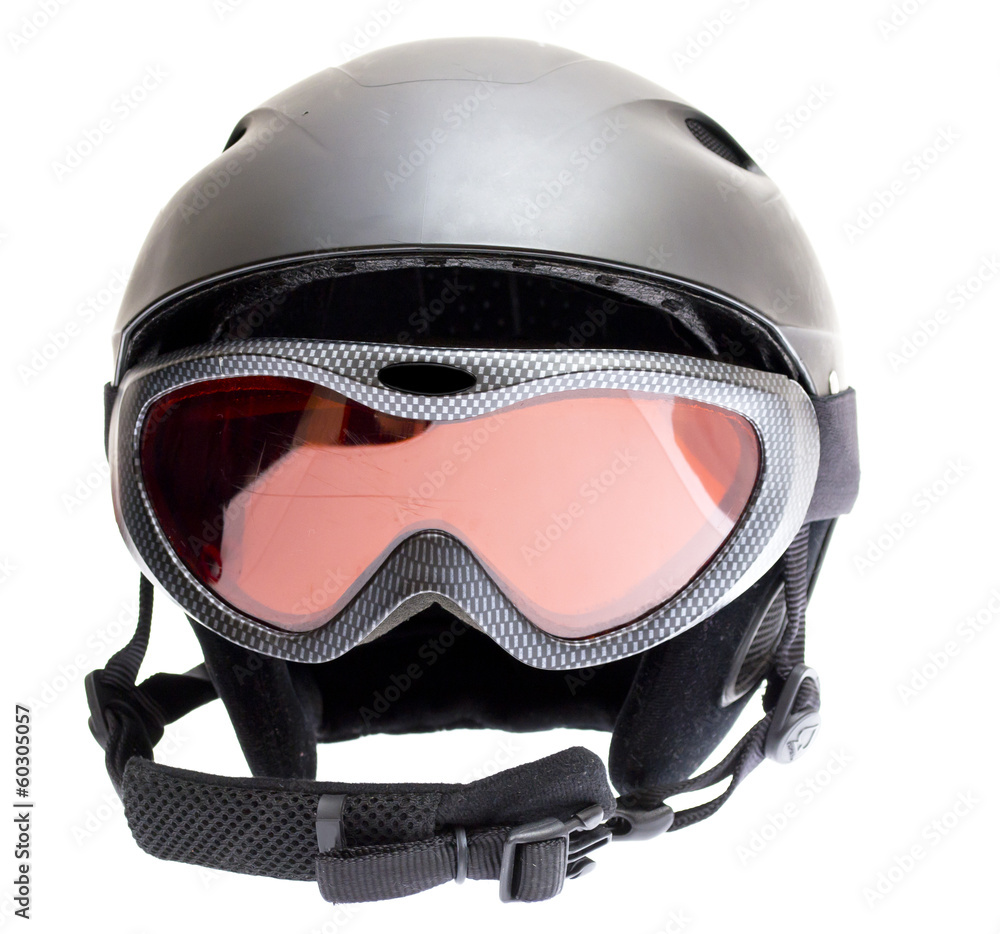 雪板头盔、手套、白底眼镜。