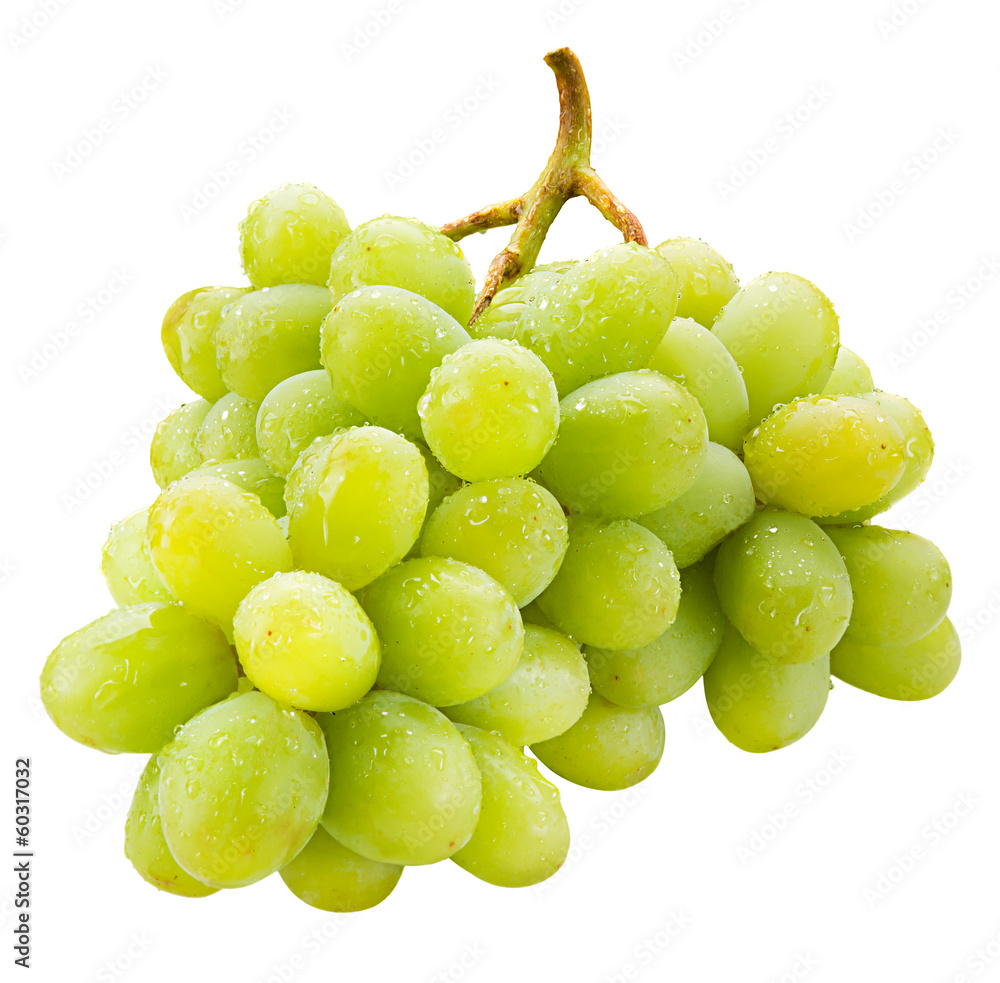 新鲜的绿色葡萄，葡萄滴在白色上隔离