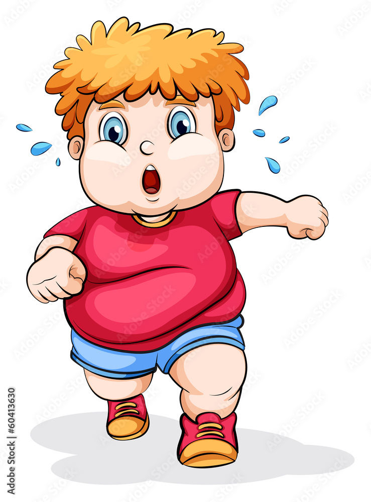 一个肥胖的高加索孩子在跑步