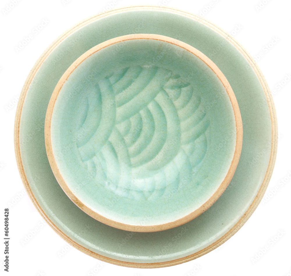 Celadon ceramic dishes , Thai Celadon on white background