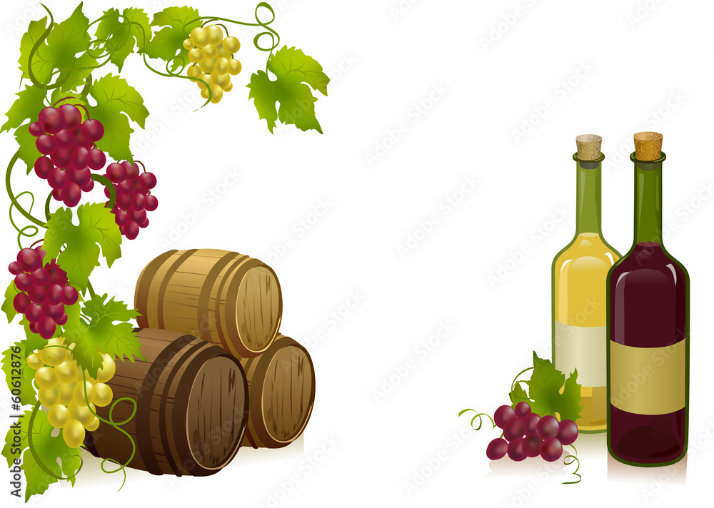 葡萄、桶和瓶葡萄酒