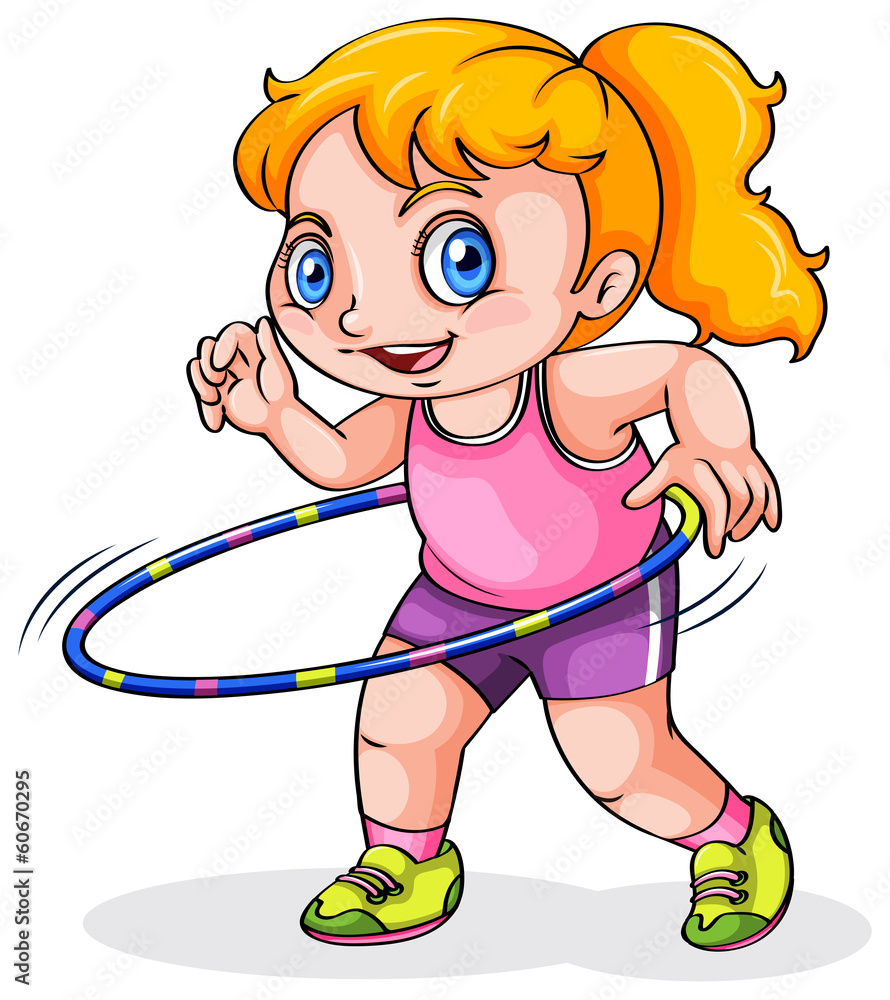 A young Caucasian girl playing with a hulahoop