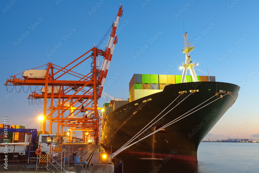 Container Cargo freight ship with working crane bridge , The atmosphere of the shipping port during 