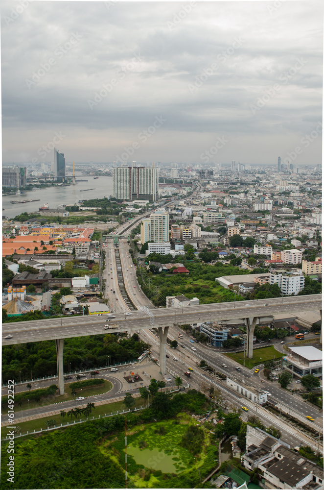 Aerial view of Bangkok, Rama 3 area at dusk