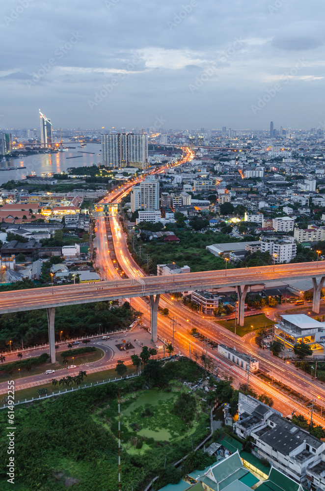 Aerial view of Bangkok, Rama 3 area at dusk