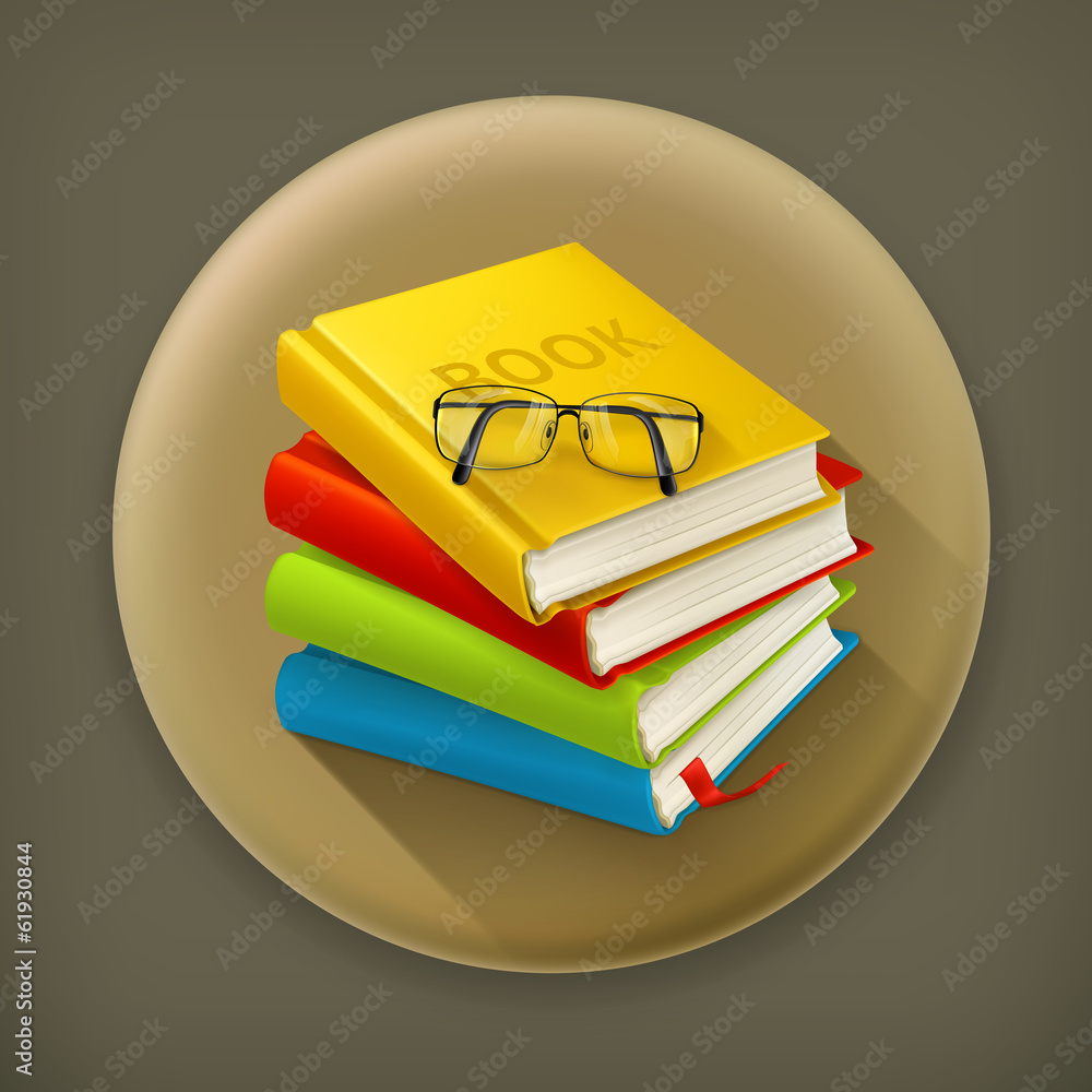 书籍和眼镜，长阴影矢量图标