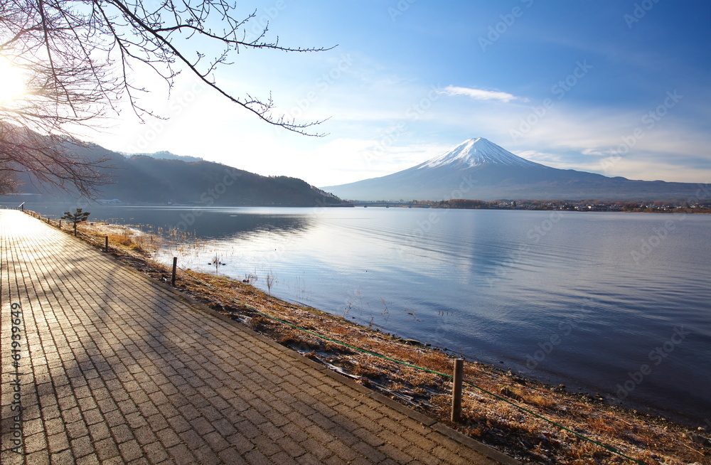 mountain fuji in morning winter from lake kawaguchiko