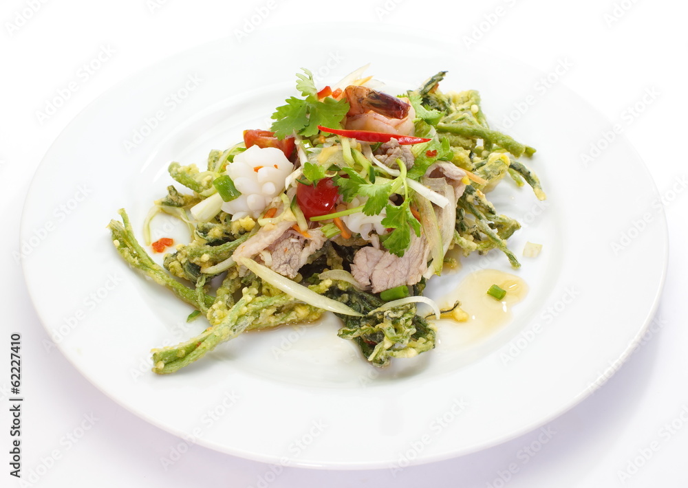 Crispy deep fried morning glory with spicy seafood salad