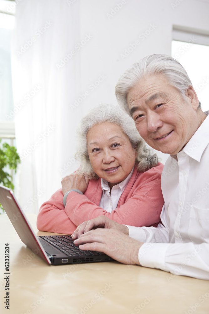 。一对使用笔记本电脑的老年夫妇。