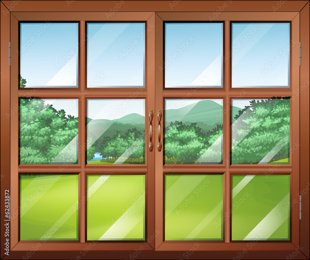 一扇关闭的窗户，可以看到绿色的环境