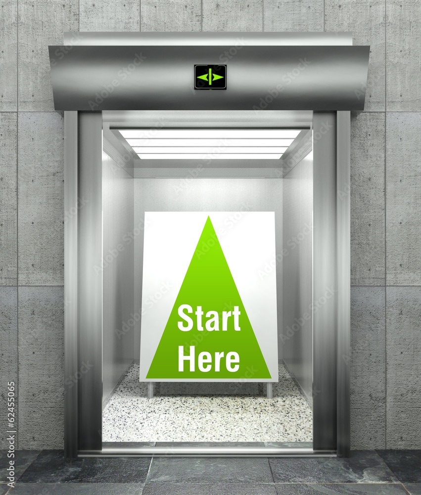 Start here business. Modern elevator with open door