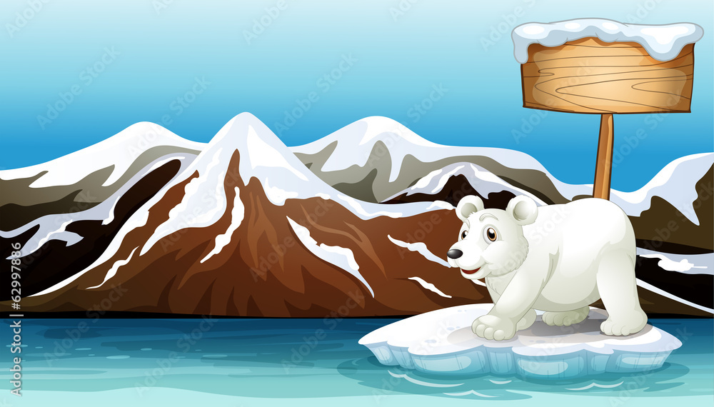 海洋中的一座冰山，上面有一块空招牌和一只北极熊