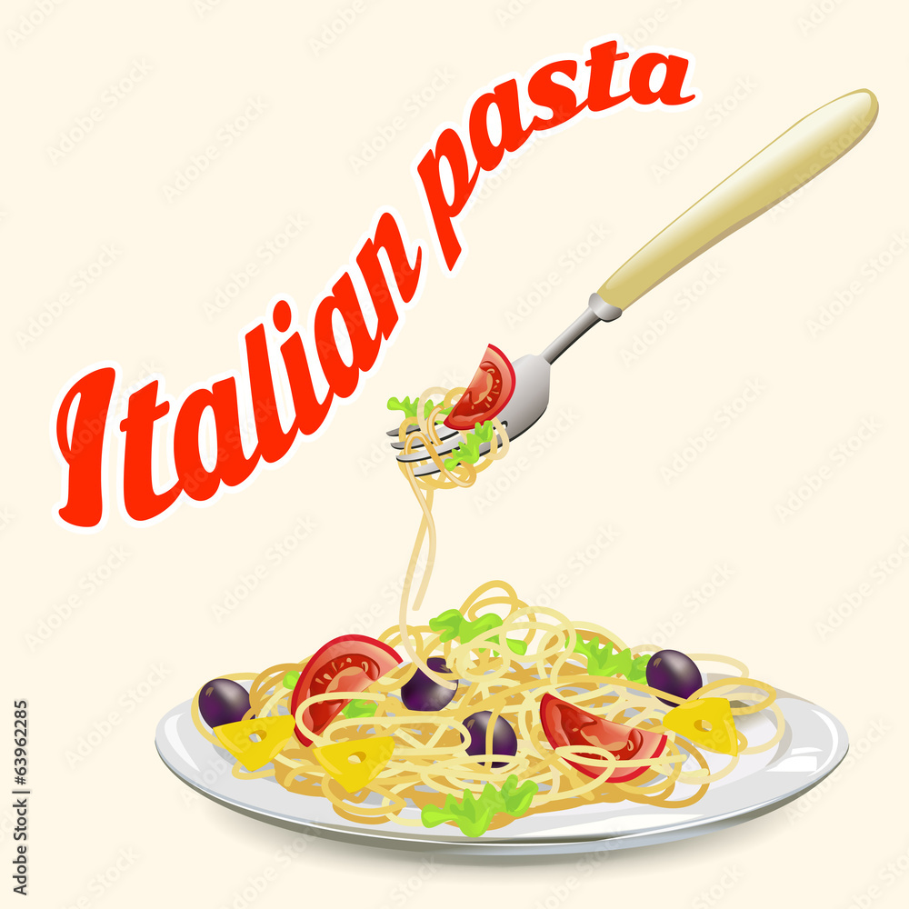 用叉子装在盘子里的意大利面食