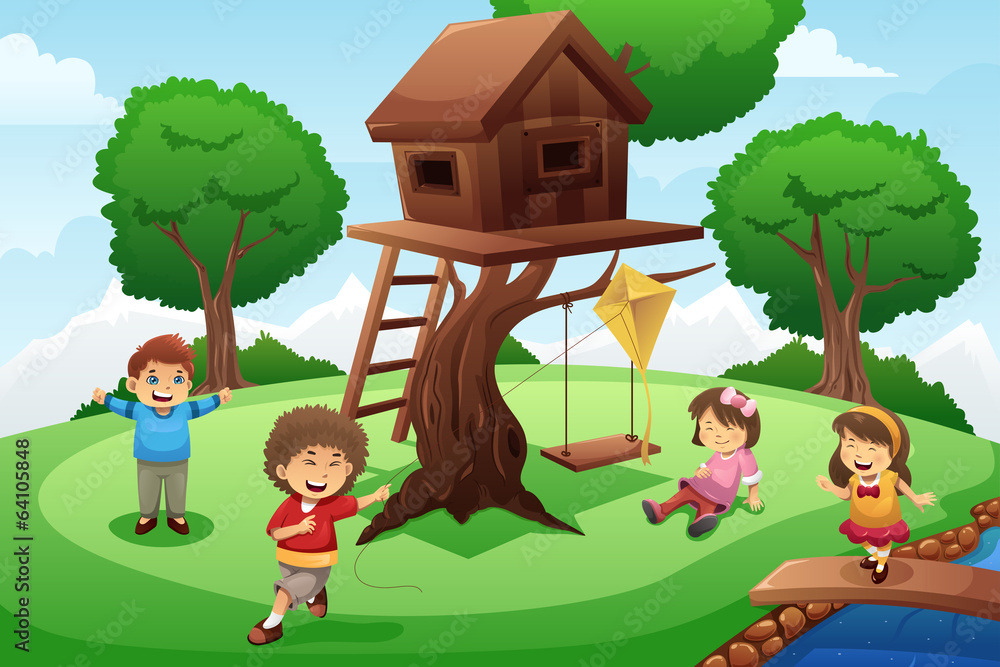 孩子们在树屋周围玩耍