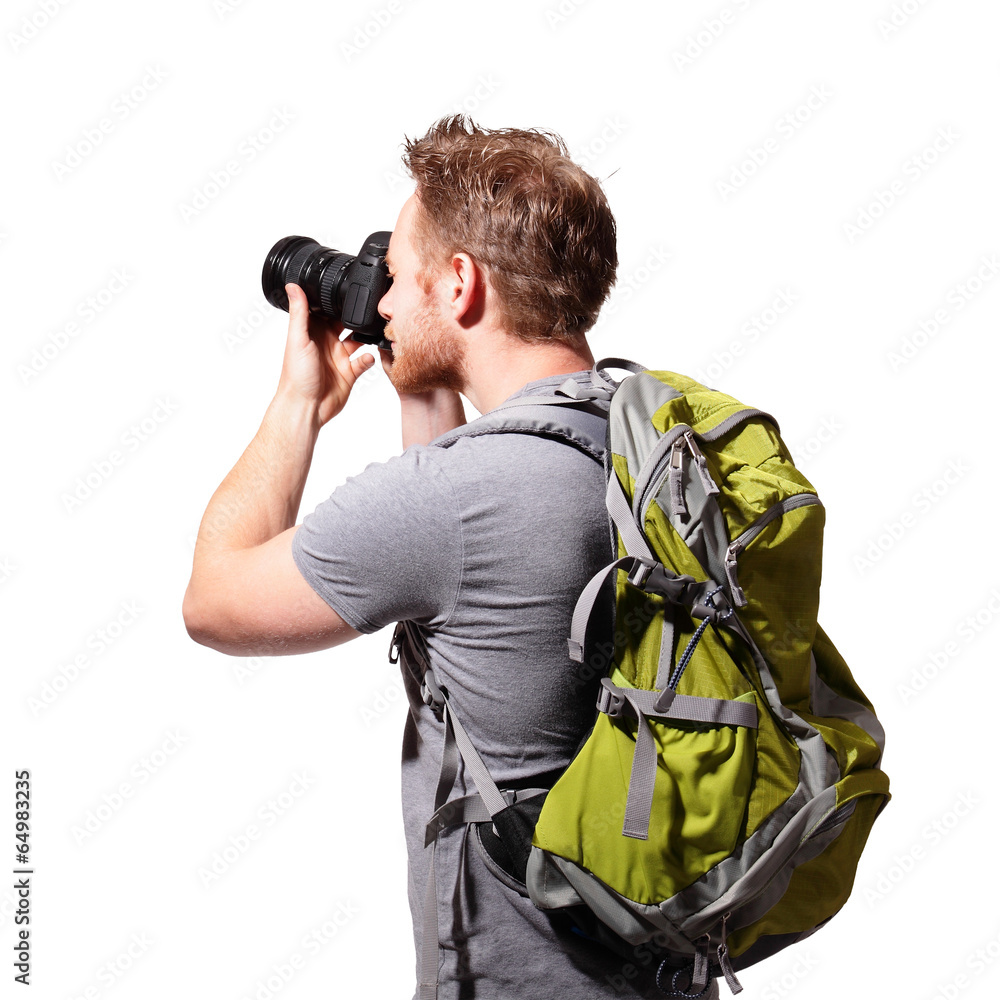 青年游客用相机