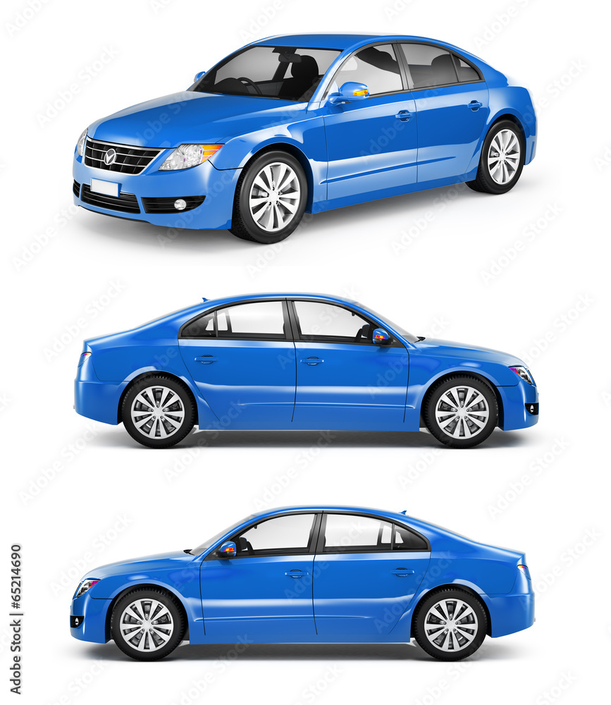 三辆蓝色轿车排成一排