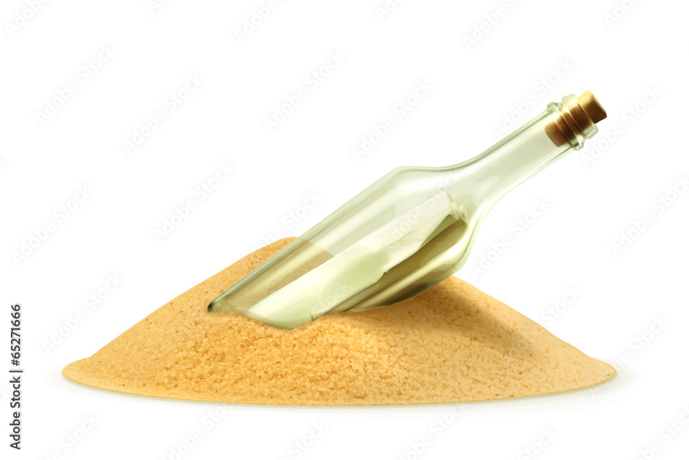 Bottle with a letter in the sand, vector illustration