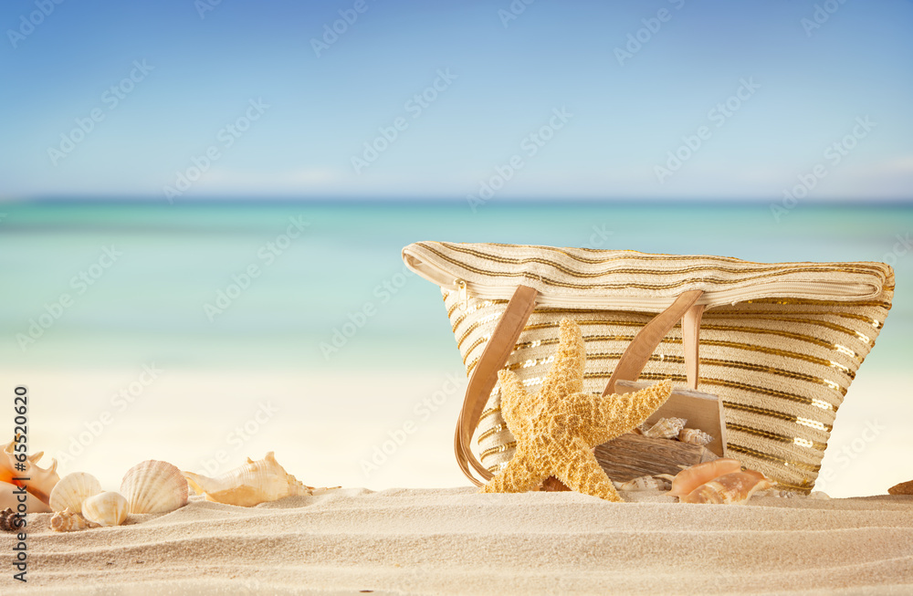 带着袋子和贝壳的夏日海滩