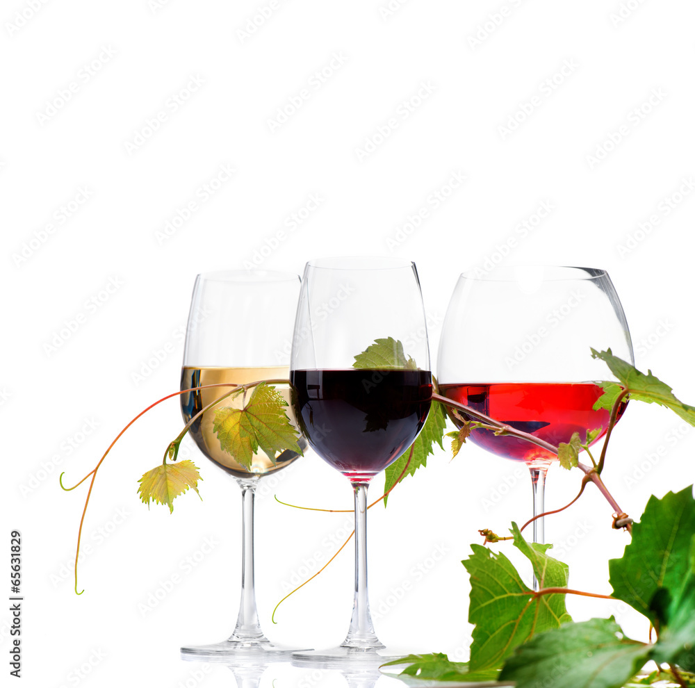 Three glasses of wine isolated on white background