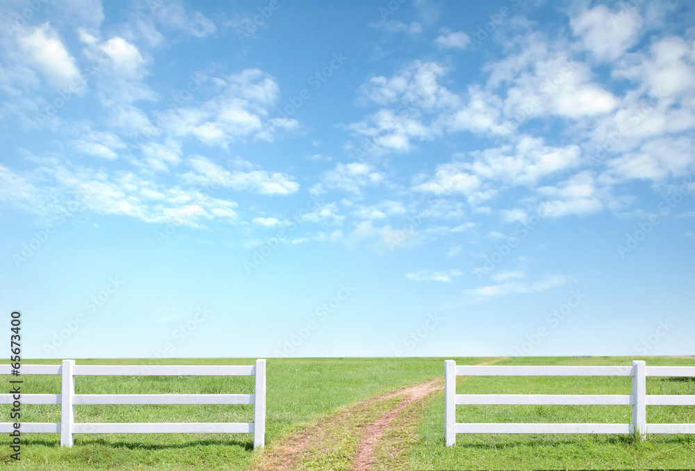  white fence on green grass with blue sky