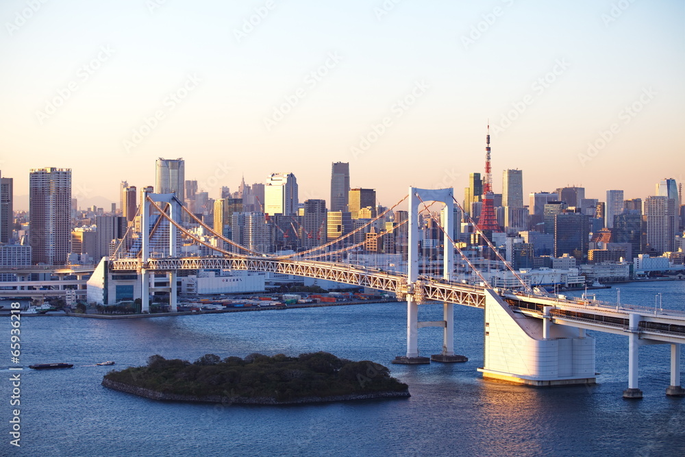 日落时分的东京湾和彩虹桥景观