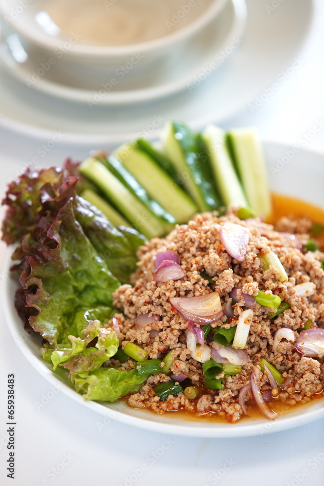 Spicy thai food pork minced salad and fresh vegetables