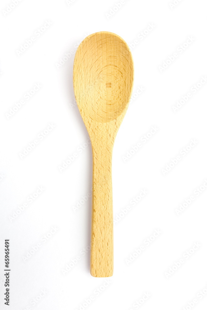 Close-up top view of wooden spoon isolated over white