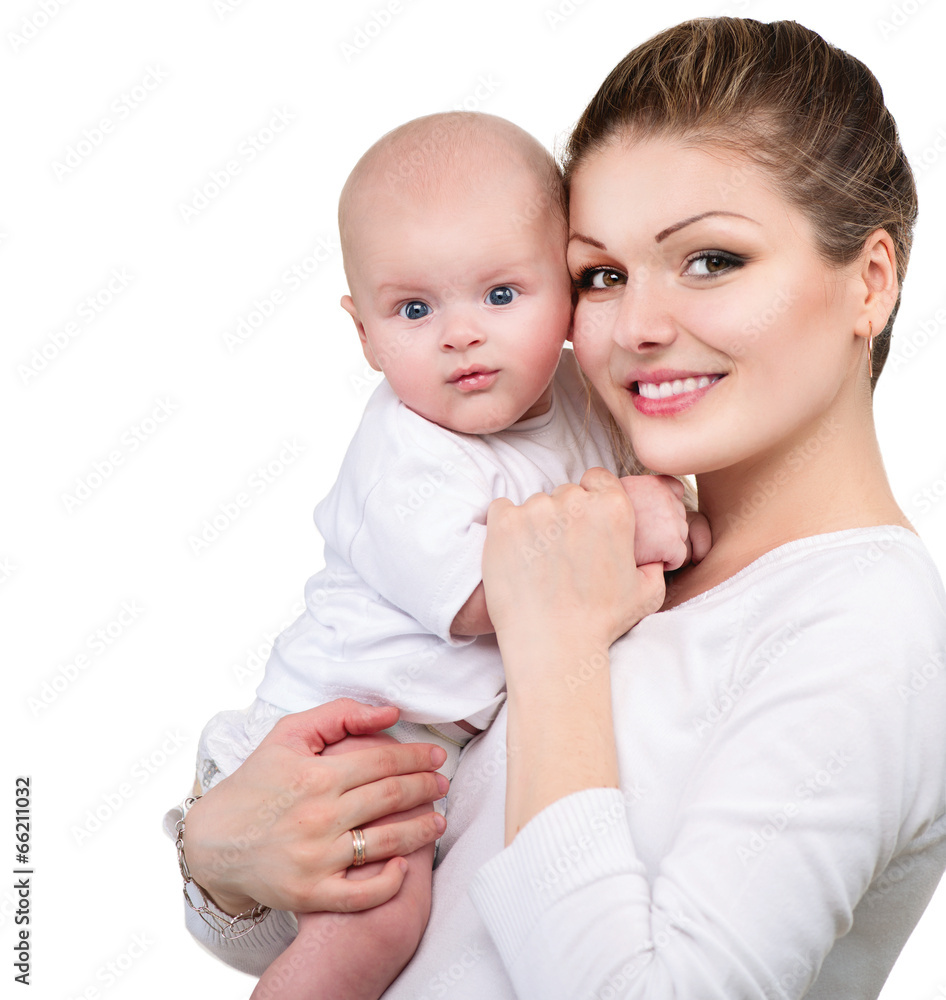 母亲和婴儿。白色背景下的幸福家庭