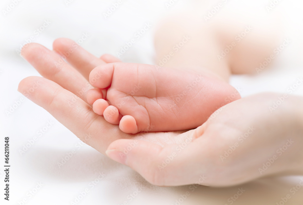 小新生儿的脚放在女性手上特写