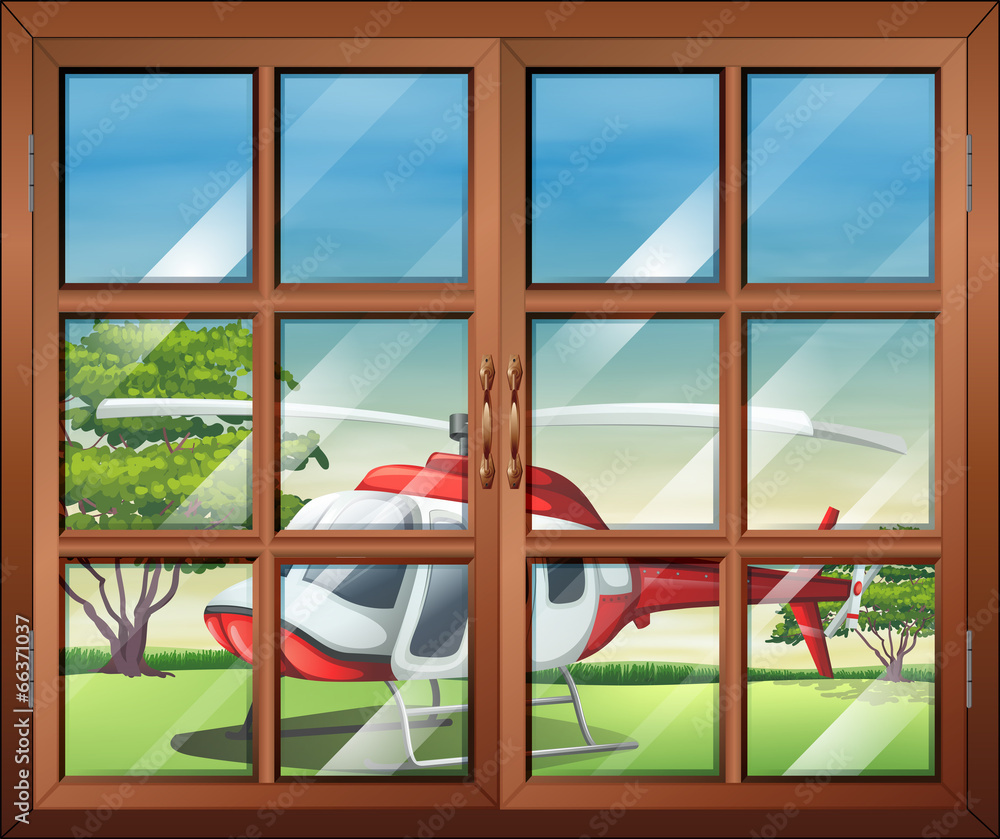 一扇关闭的窗户，可以看到外面的直升机