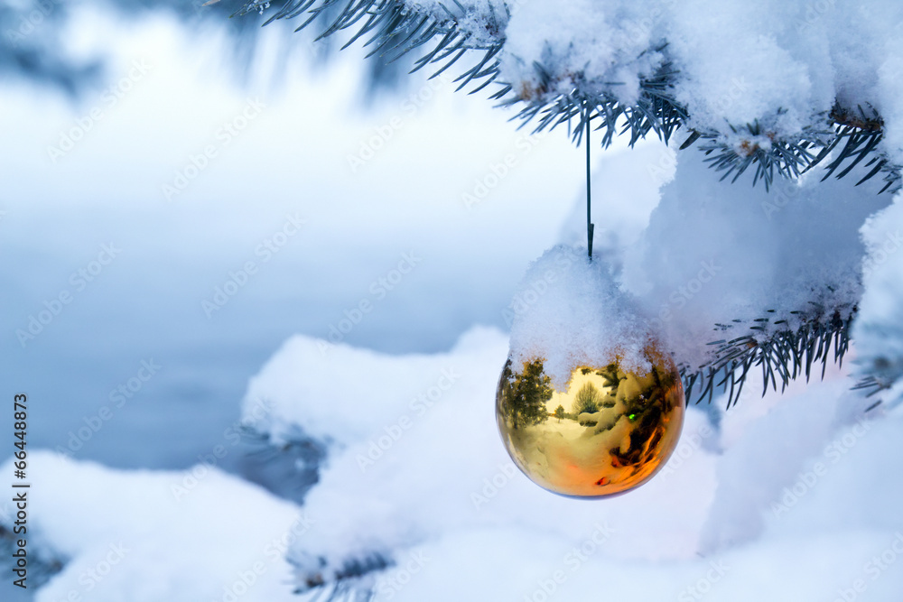 白雪覆盖的圣诞树上挂着亮金色的装饰品