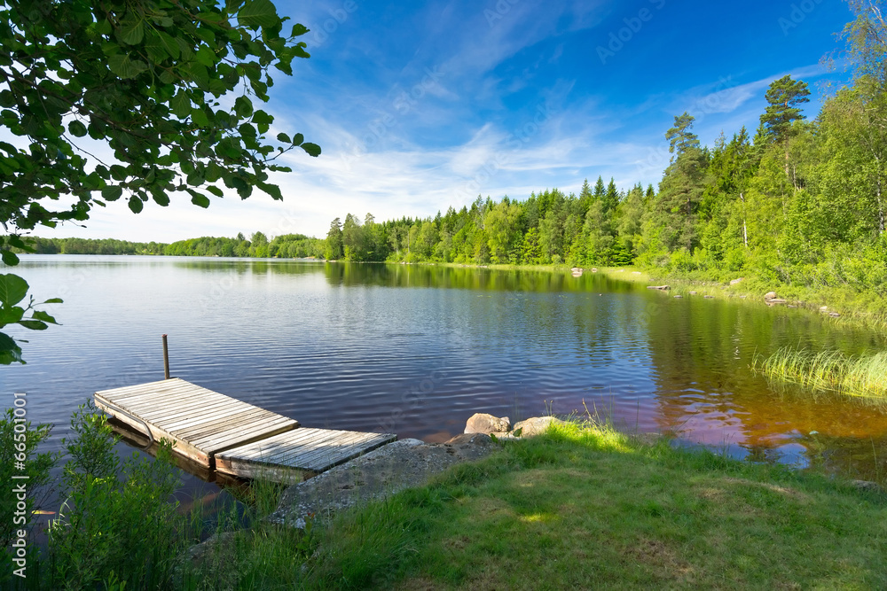 夏日晨光中的瑞典湖