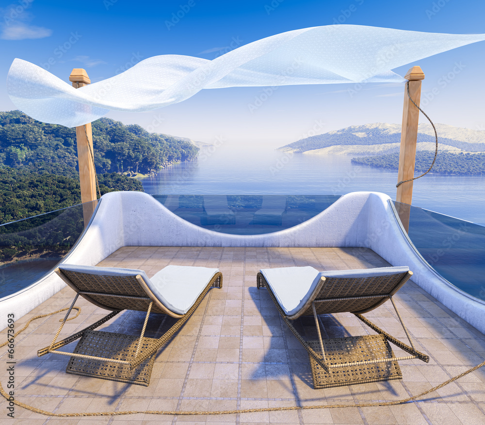 海景阳台和两把椅子度假概念
