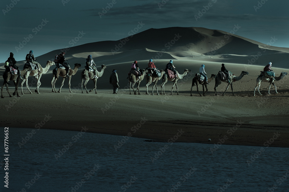 月光下骑着骆驼经过沙漠湖的游客大篷车