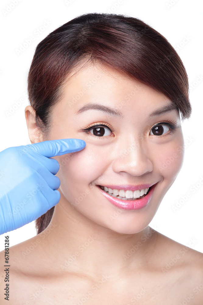 beautiful female face with Plastic surgery glove
