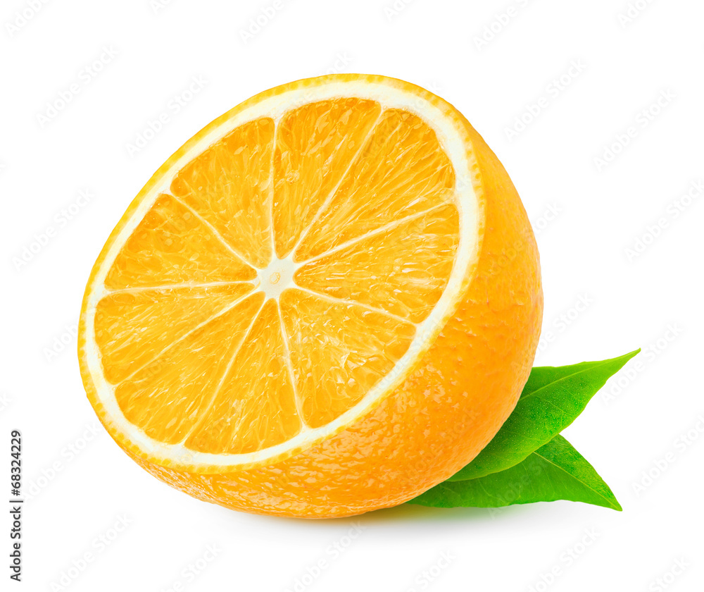 Isolated orange. Half of fresh orange fruit over white background