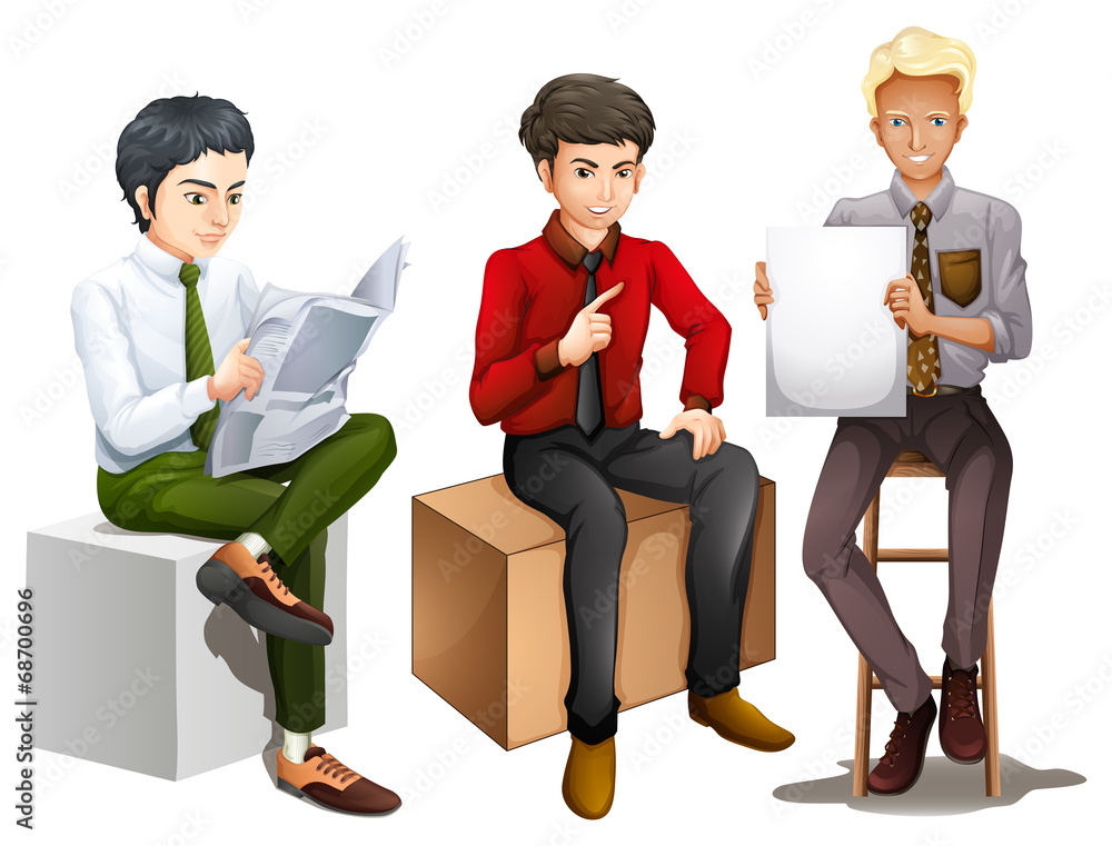 三名男子坐下来阅读、交谈并拿着一个emp